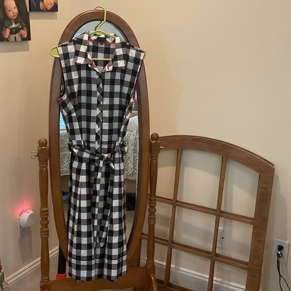 Talbots Monochrome Plaid Dress with Red Trim